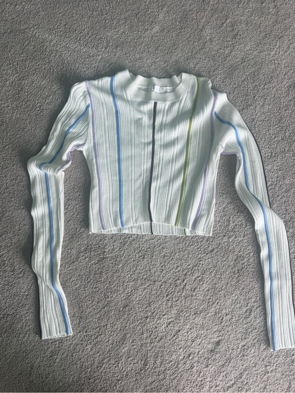White Ribbed Cropped Long-Sleeve Top with Pastel Stripes
